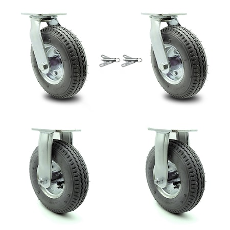 Service Caster 8 Inch Gray Pneumatic Wheel Caster Swivel with Swivel Locks and 2 Rigid, 2PK SCC-100S280-PNB-GRY-BSL-2-R-2